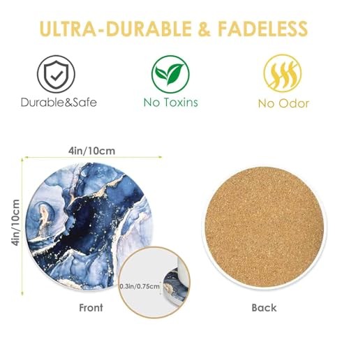 Drink Coasters with Holder 6 Pack, Ceramic Marble Style, Absorbent Navyblue