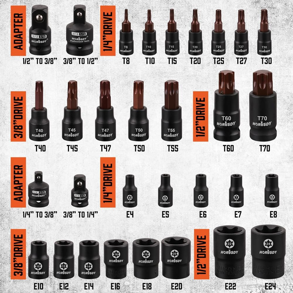 31 Piece Torx Bit Socket and Female External Socket Set | 14 Star Bits (T8- T70)