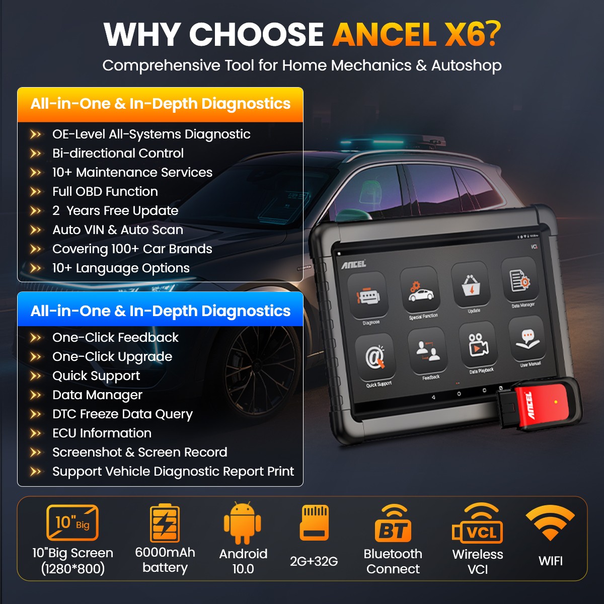 ANCEL X6 Car Diagnostic Tool Bidirectional All Systems OBD2 Scanner Code Reader