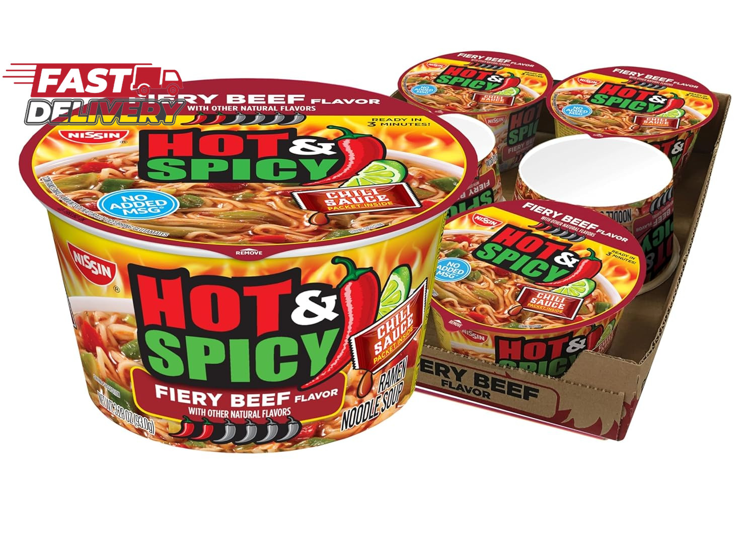 Nissin Hot & Spicy Ramen Noodle Soup, Fiery Beef, 3.28 Ounce (Pack of 6)