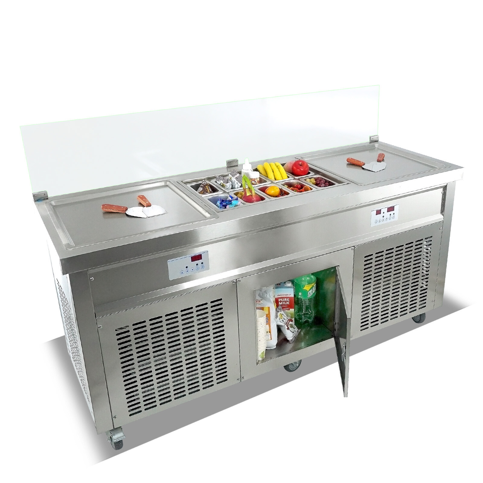Kolice double square pans with 10pcs refrigerated tanks fried ice cream machine