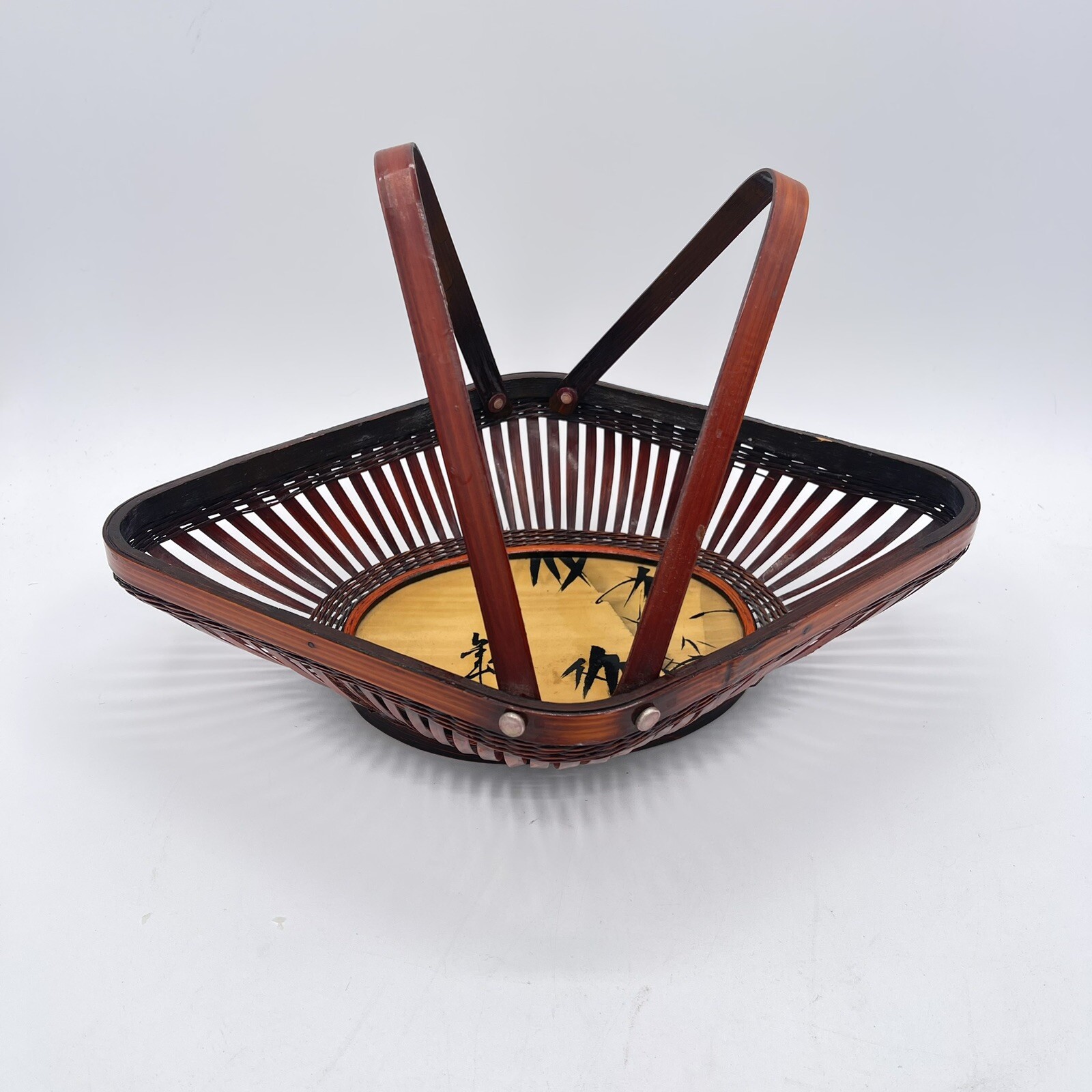 Vintage 1970's Woven Bamboo Basket With Dual Handles Read