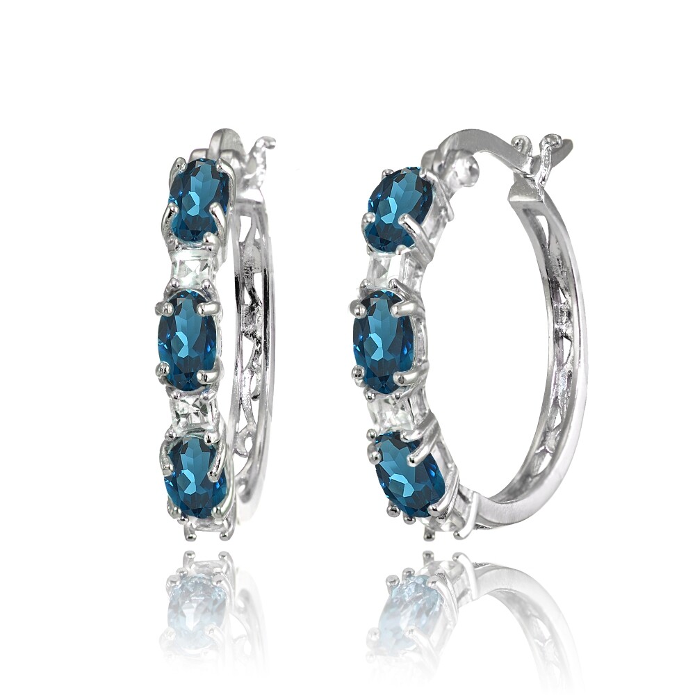 Oval London Blue Topaz & Princess-cut White Topaz Sterling Silver Hoop Earrings