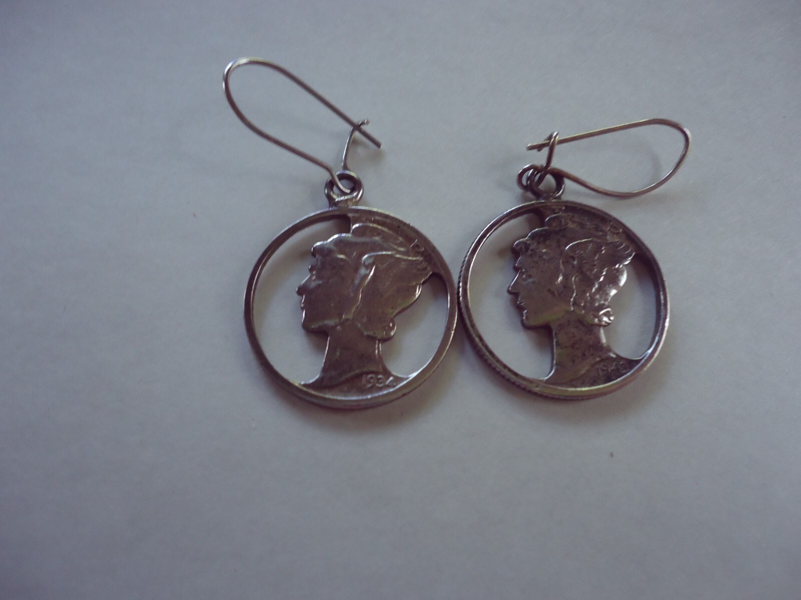 Vintage Pair of Mercury Dime 1934 and 1943 Cut out dangle Earrings