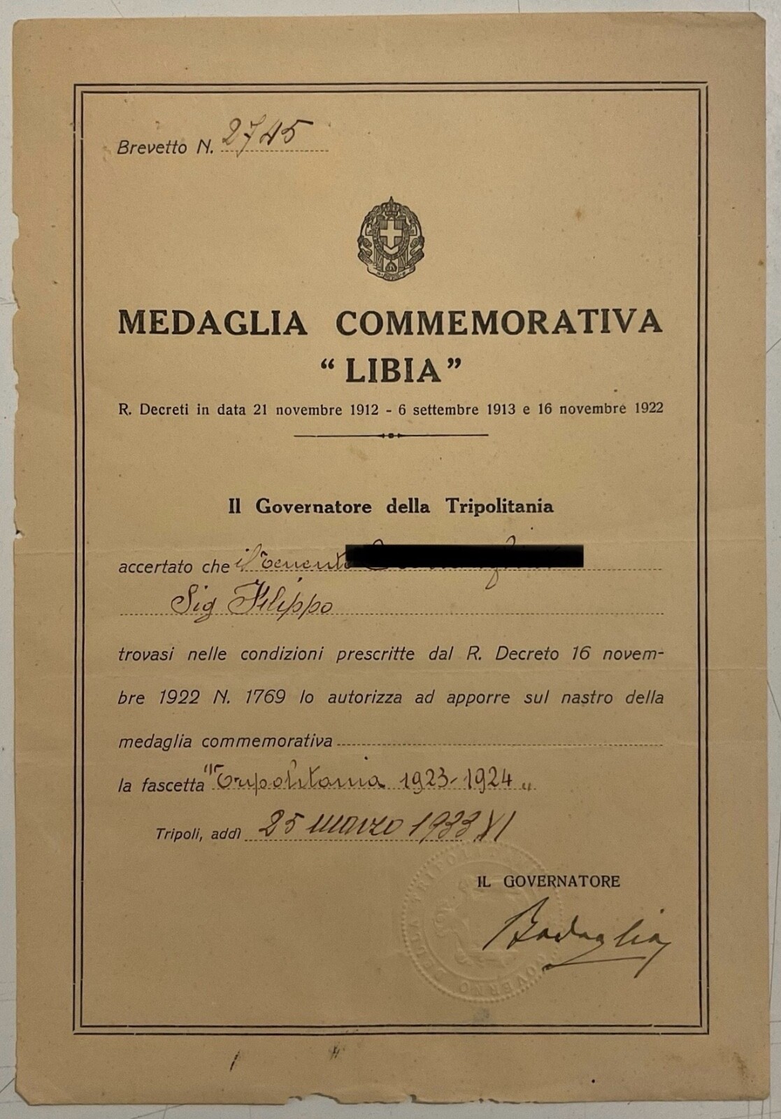 GOVERNOR TRIPOLITANIA MED COMM LIBYA DIPLOMA TRIPOLITANIA BAND 1923.1924