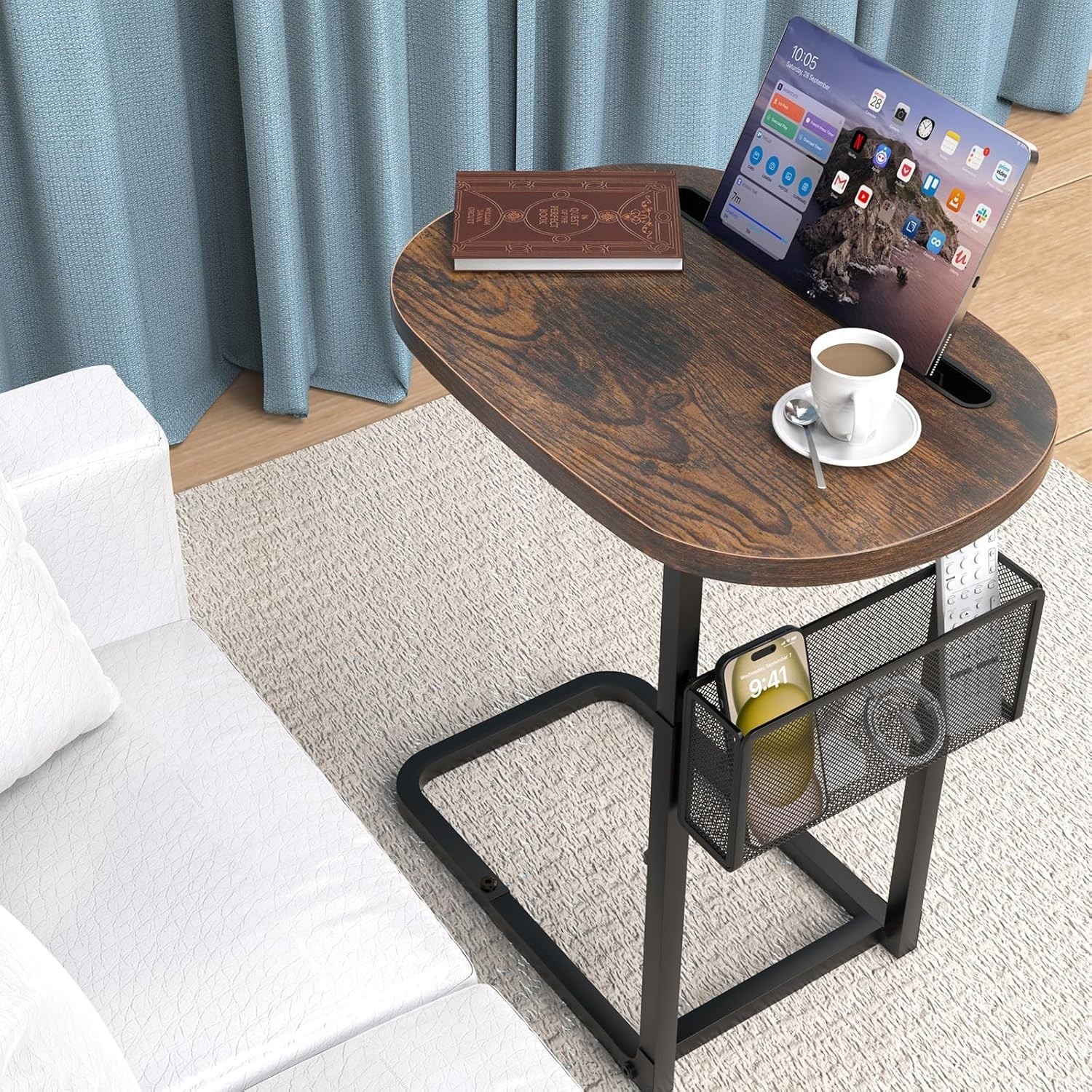 TV Tray Table W/ Large Tabletop Adjustable Sofa Table W/ Storage Baskets