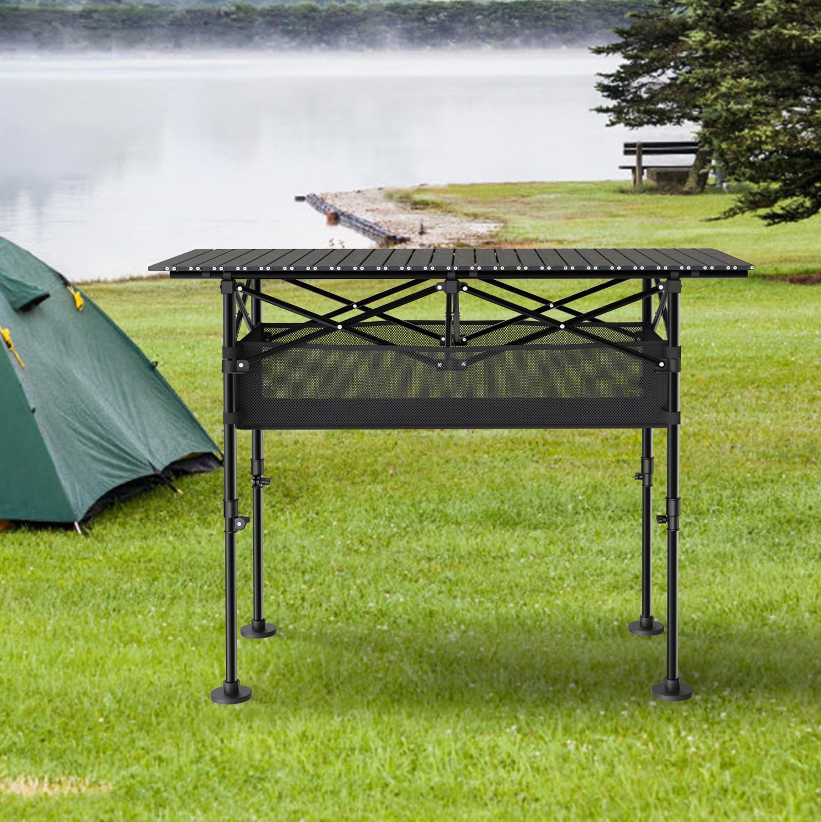 Height Adjustable Camping Table, Outdoor Folding 47" x 22" x 38", Black