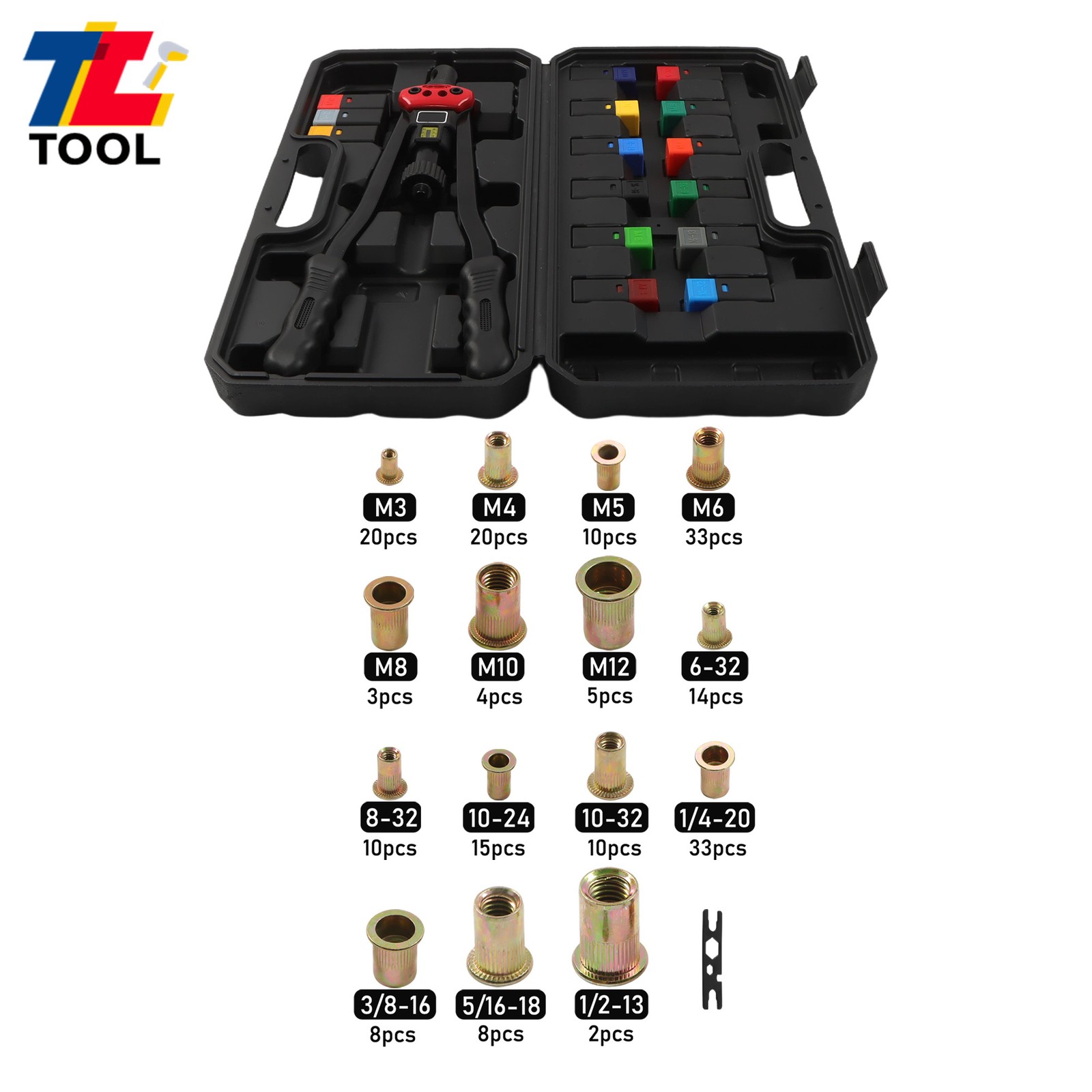 16" Rivnut Tool Kit Professional with 15 Metric and SAE Mandrels 200PCS for DIY