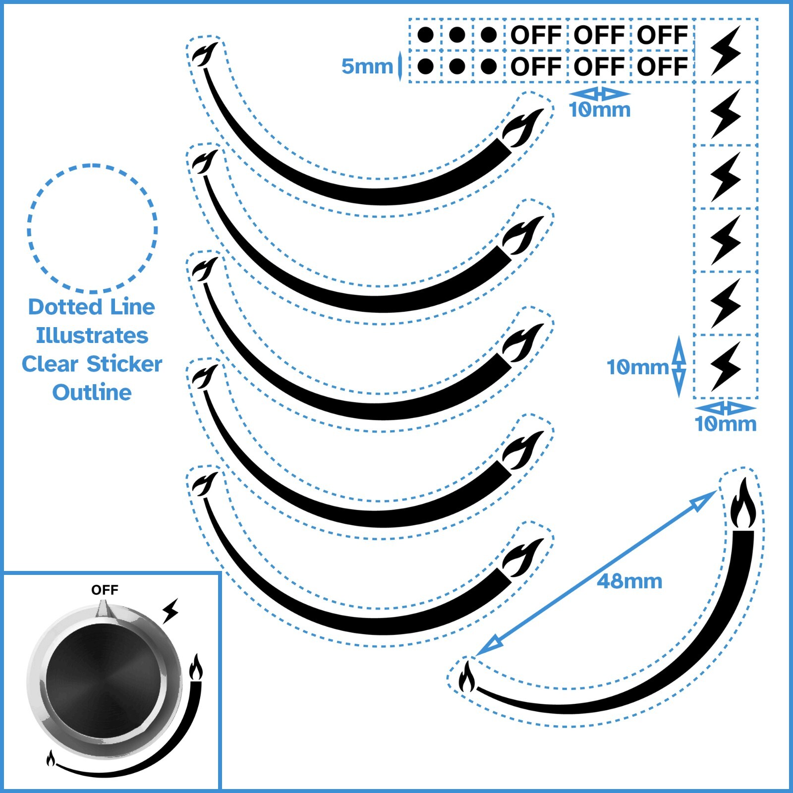 6 Flame Black 1/3 Anti Clockwise Gas Hob Dial Stove Knob Adhesive Label Decal