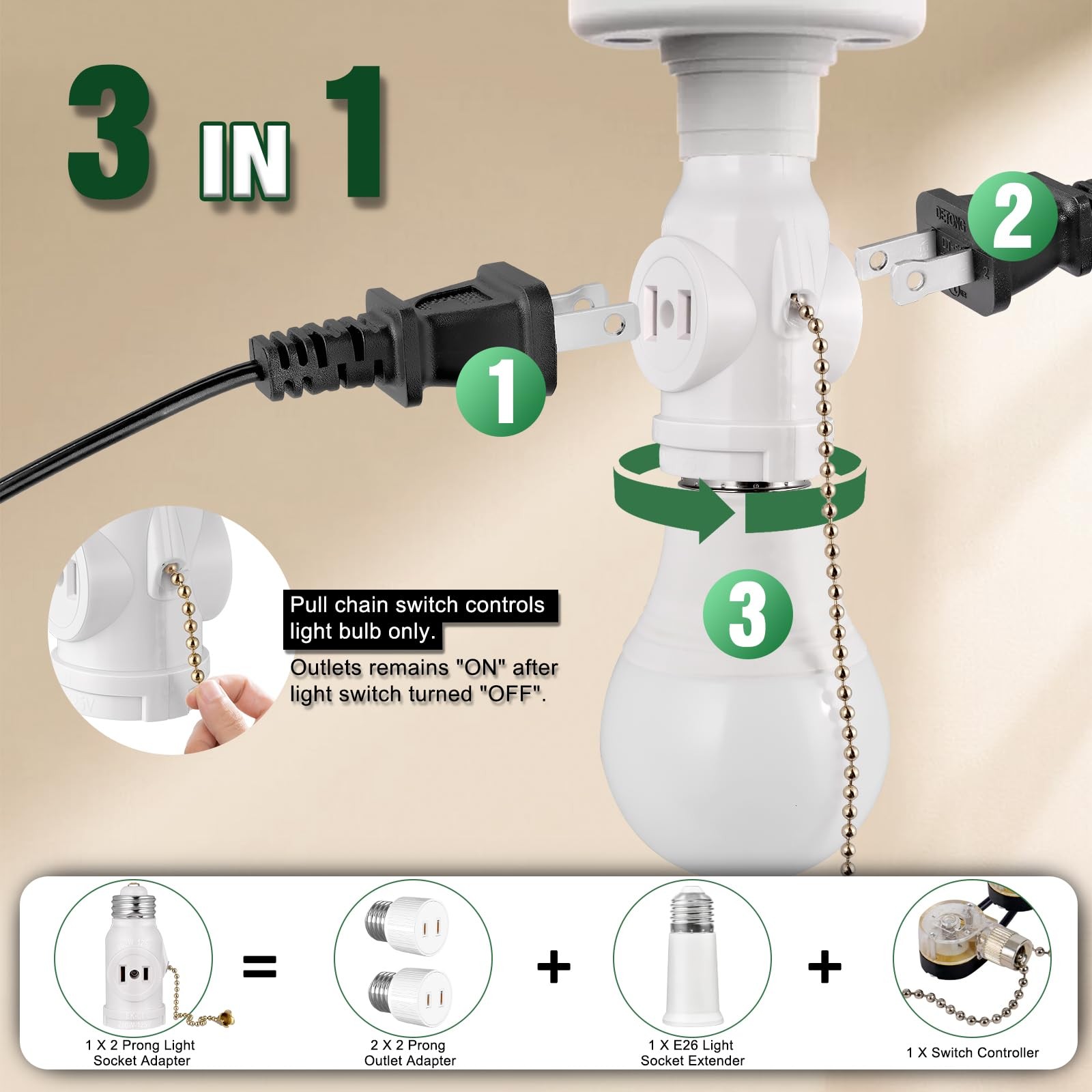 2-Pack E26 Light Socket Adapter - Converts Medium Screw 2-Pack, White Color