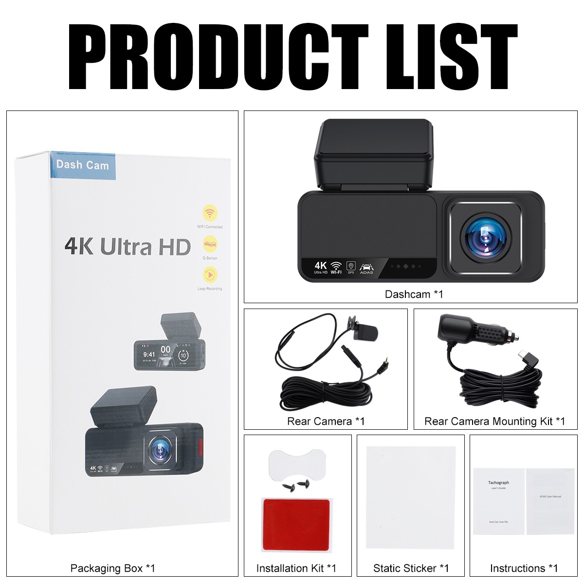 Dash Camera 4K Front &Rear Dash Cam Built-In WiFi & GPS App control Night Vision