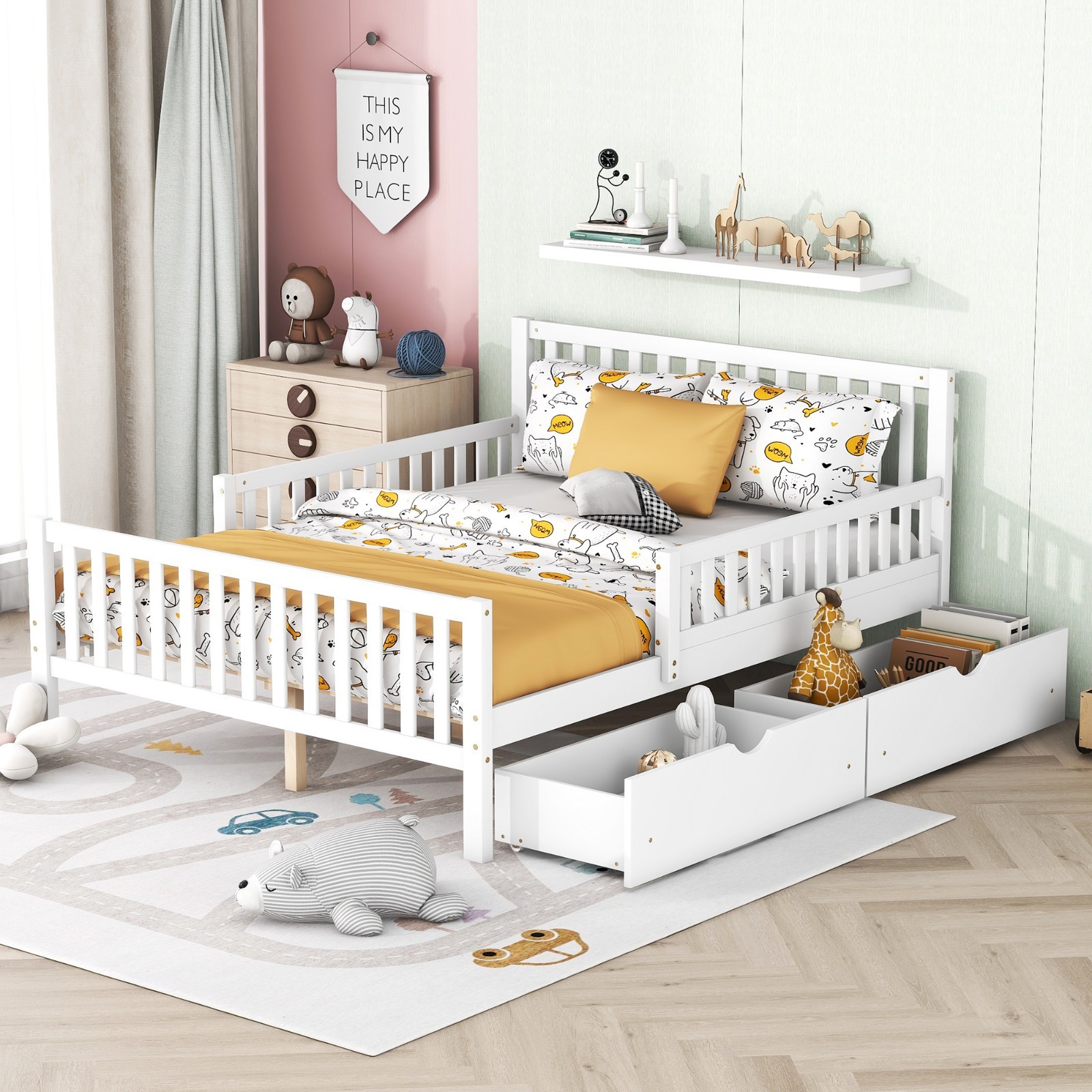 Full Size Wood Platform Bed (Dual-Side Guardrails, 2 Storage Drawers)