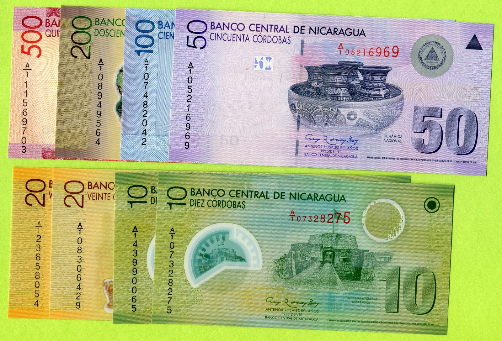 Nicaragua 10 20 50 100 500 Cordobas 2007 P201a/b 202a/b 203 204 205a 206a UNC