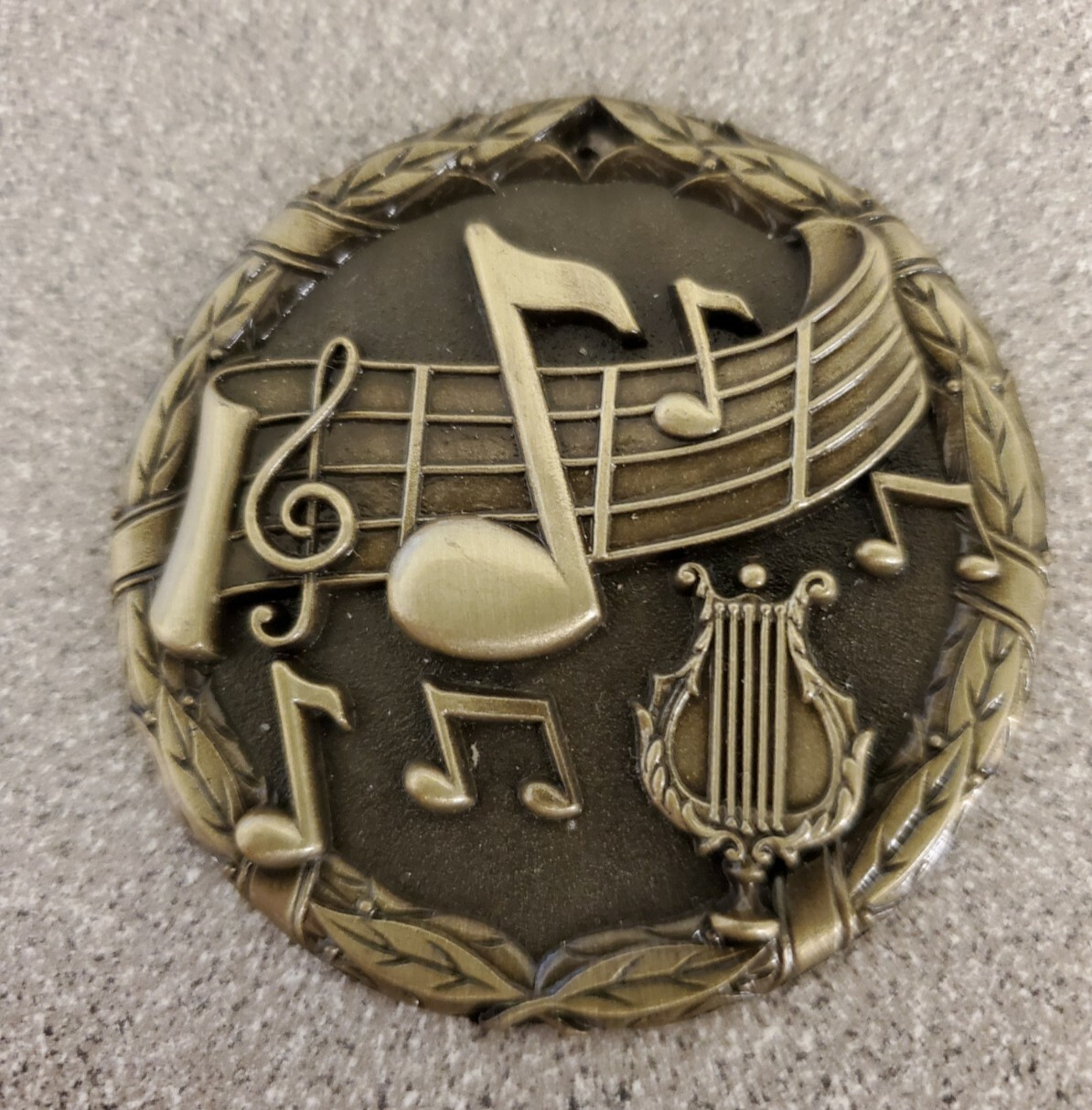 Ensemble music or band medal, gold, award, with neck ribbon-R, W & B, 2" diam