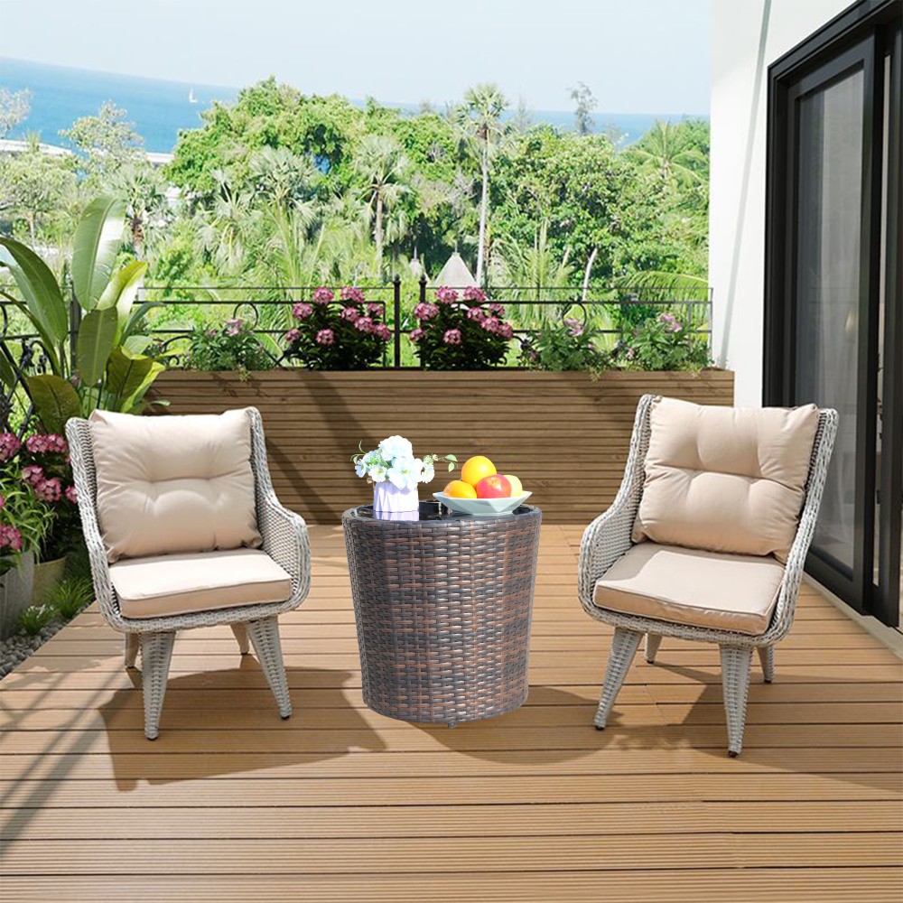 Outdoor PE Rattan Round Coffee Table Brown Wicker Patio Side Table