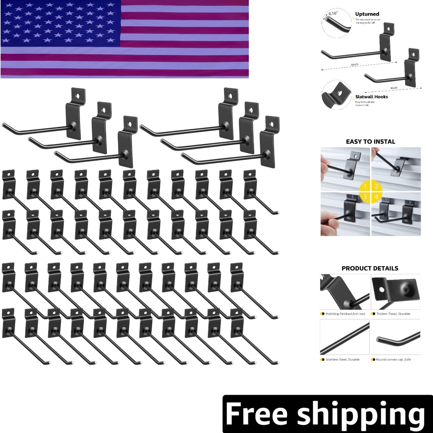 Classic Black Slatwall Hooks: 50 Heavy-Duty Metal Organizers (4 & 6 Inch)