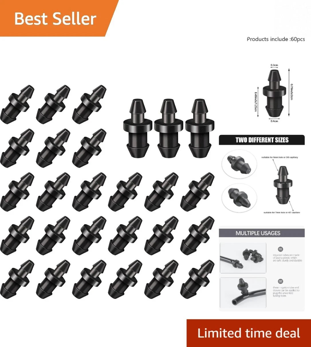 Black Barbed Connectors - 60 Pieces for 1/4" Drip Irrigation Systems Durable
