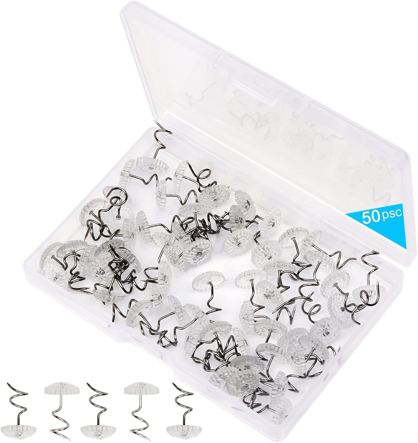 50 Upholstery Pins Bed Skirt Fabric Screws Twist Holders Headliner Tacks Clear.