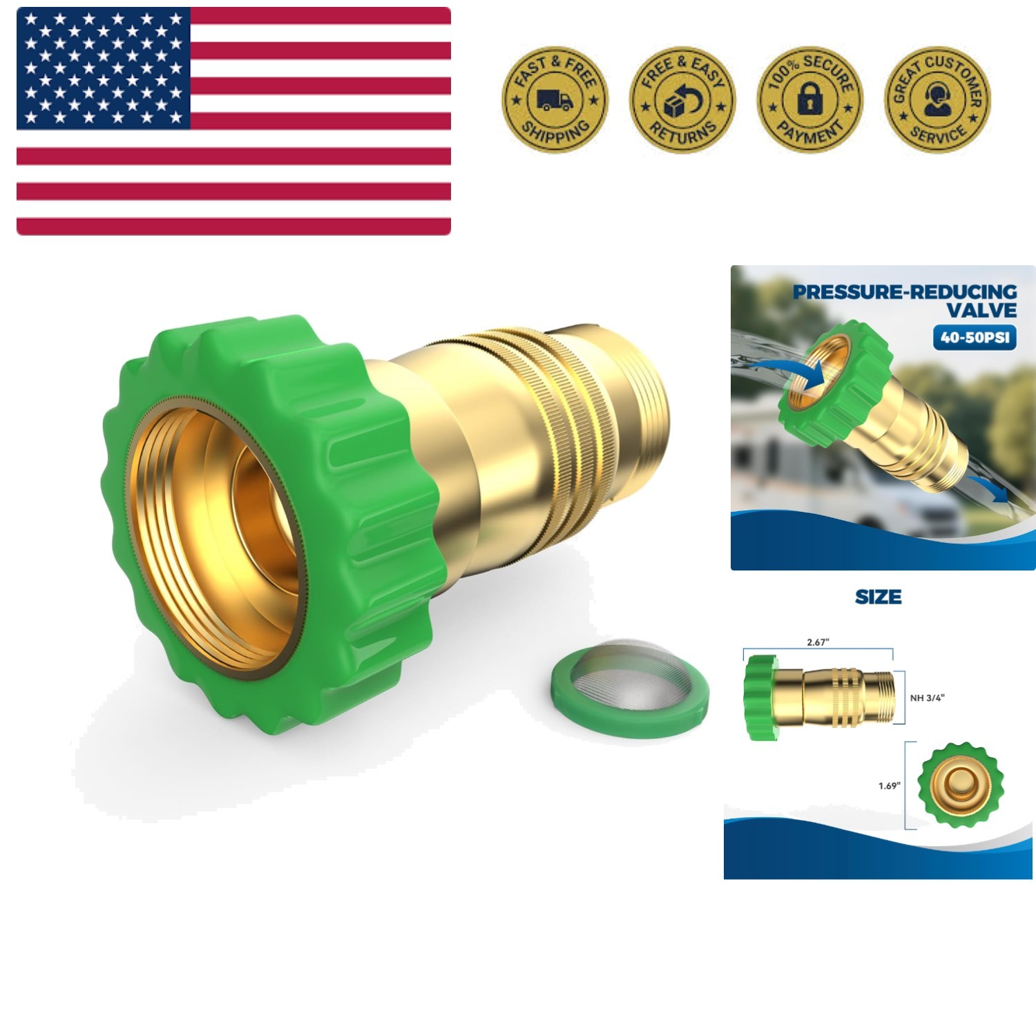 Inline RV Water Pressure Reducer, Brass Lead-Free Water Pressure Reducer with...