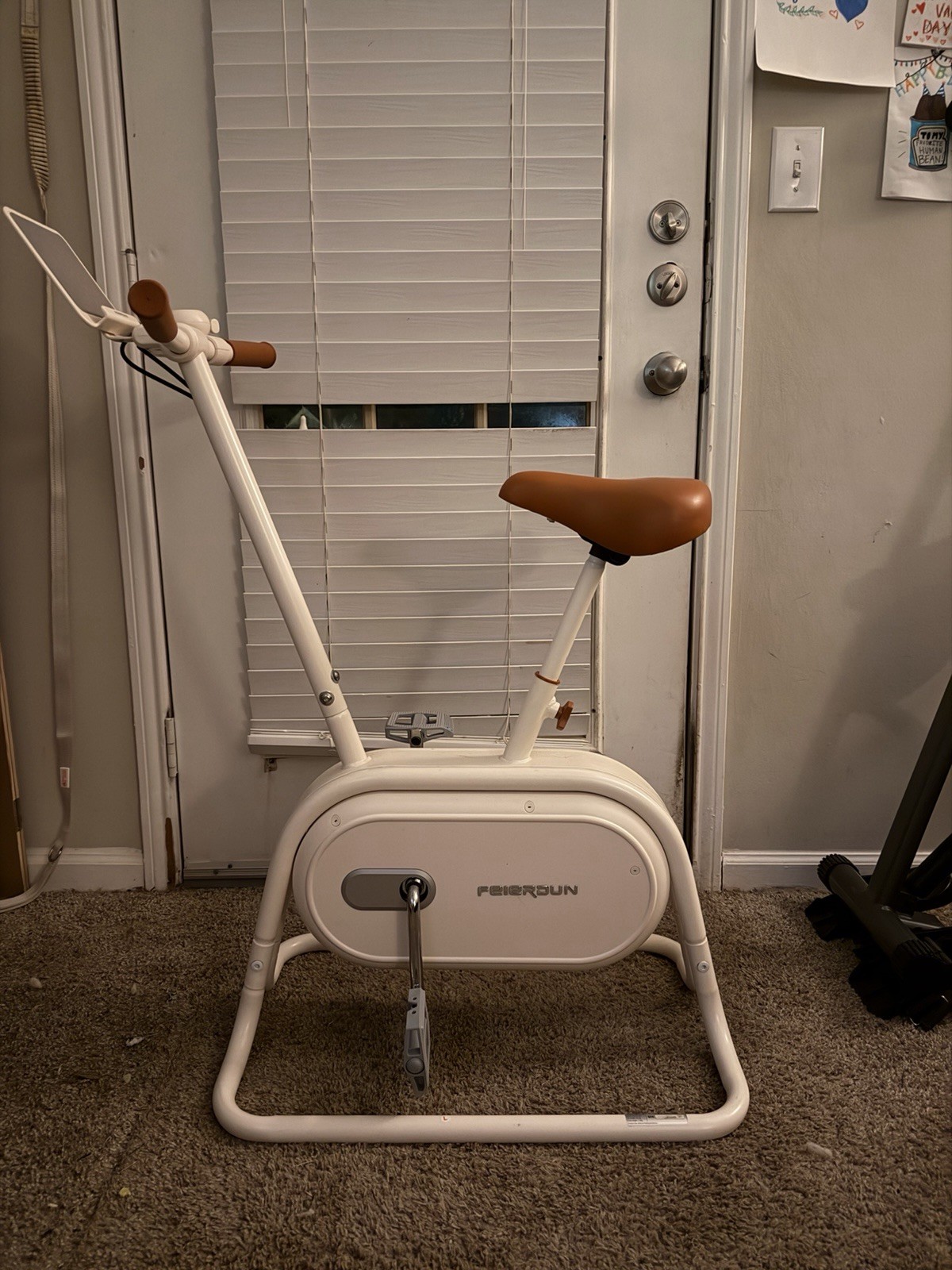 FEIERDUN Upright Exercise Bike White & Brown Adjustable Seat Home Gym Training