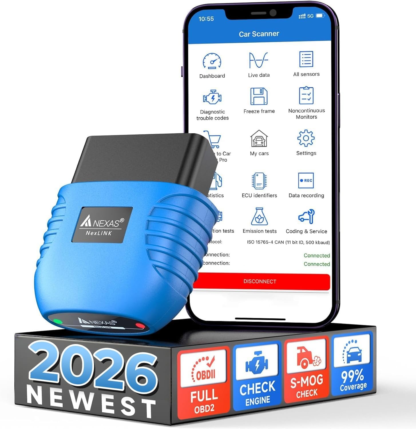NEXAS NexLINK Bluetooth OBD2 Scanner for Car - Check Engine Light Code Reader