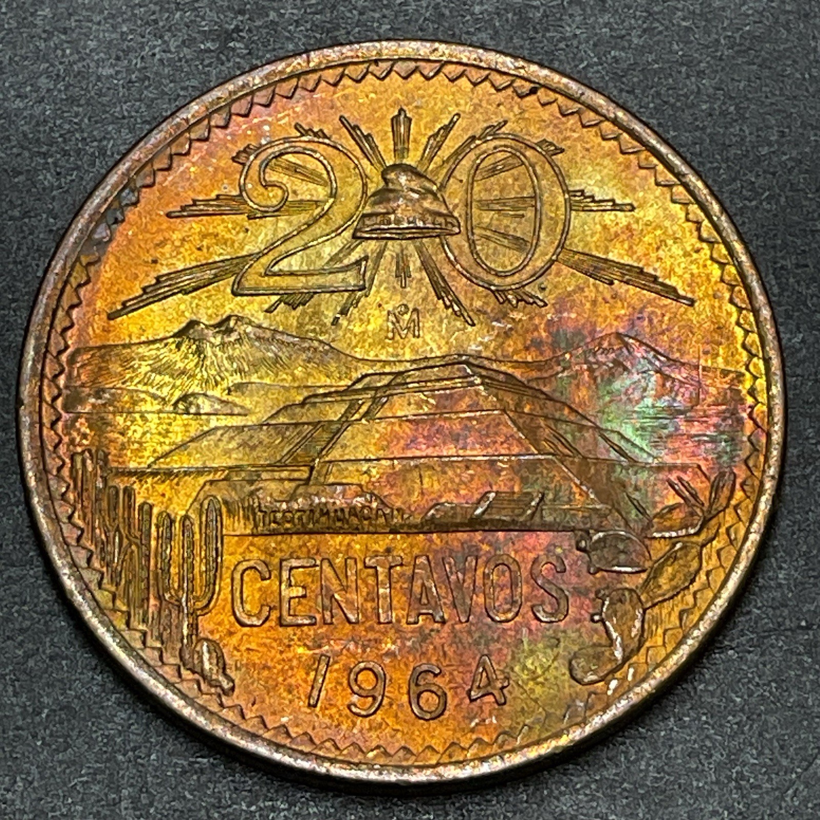 Mexico 1964 20 centavos KM# 440 BU with colorful patina Pyramid of the sun