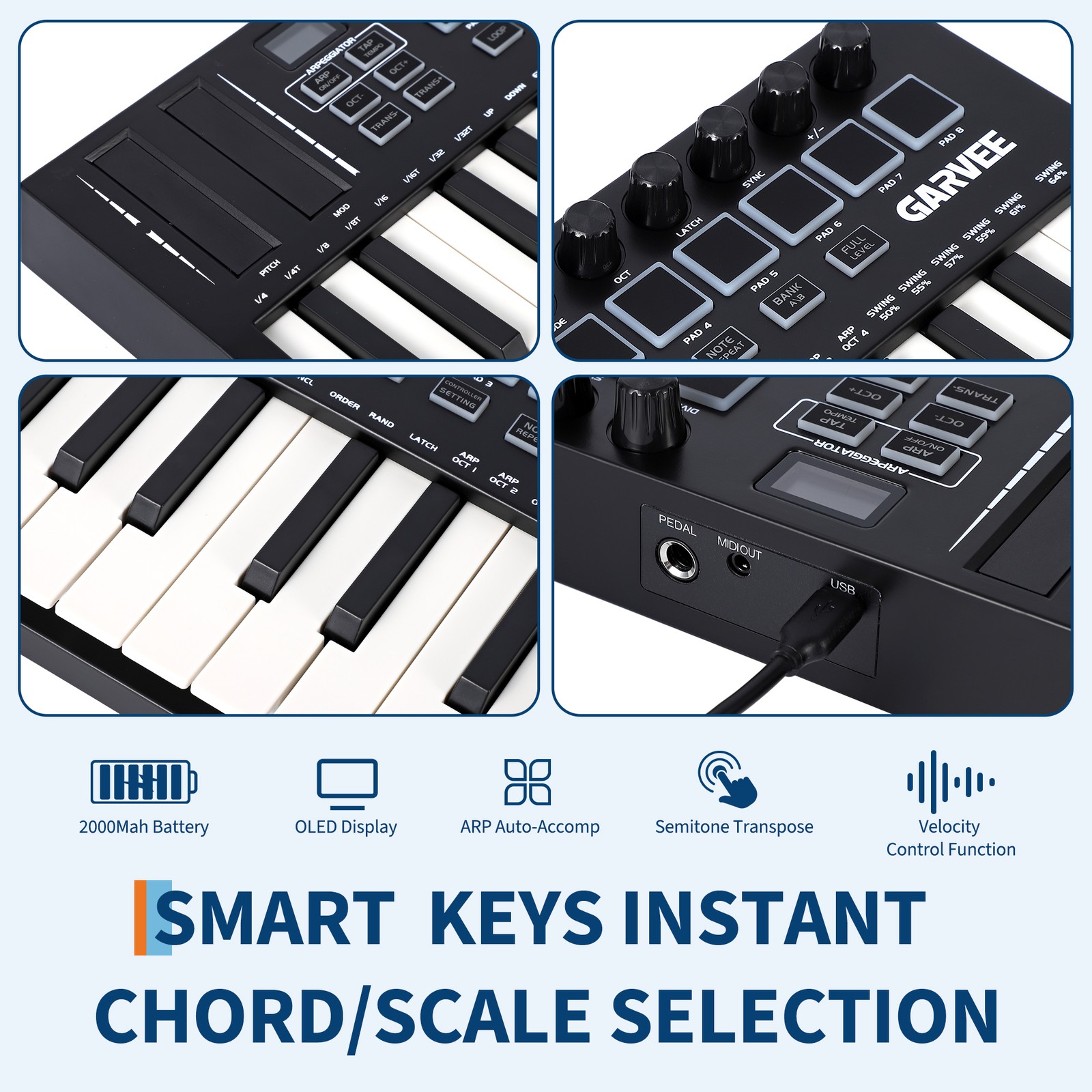 25-Key USB MIDI Keyboard w/8 Pads, 8 Knobs & OLED, Portable for DAW