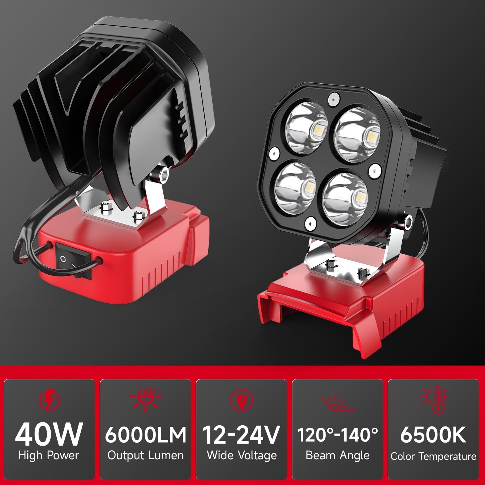 40W Rechargeable 6000LM LED Work Light Compatible with Milwaukee 18V Battery