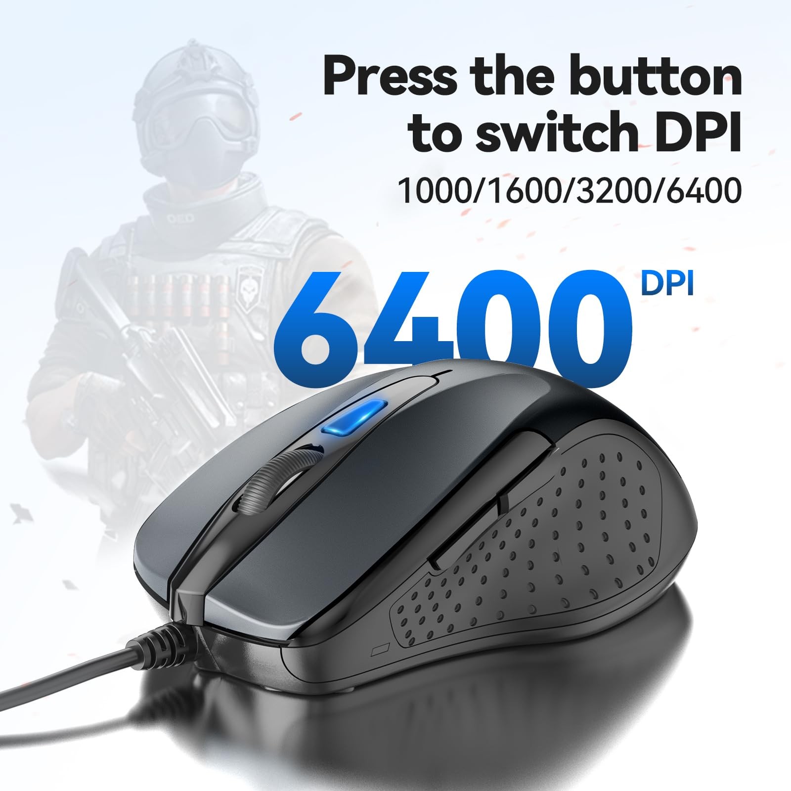 TECKNET USB Wired Mouse, 6-Button Corded Computer Mouse with 4 GRAY