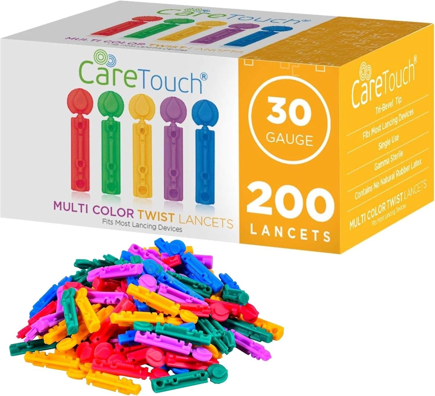 30G Blood Lancets for Diabetes Testing 200 Count Sterile Single Use Multicolor
