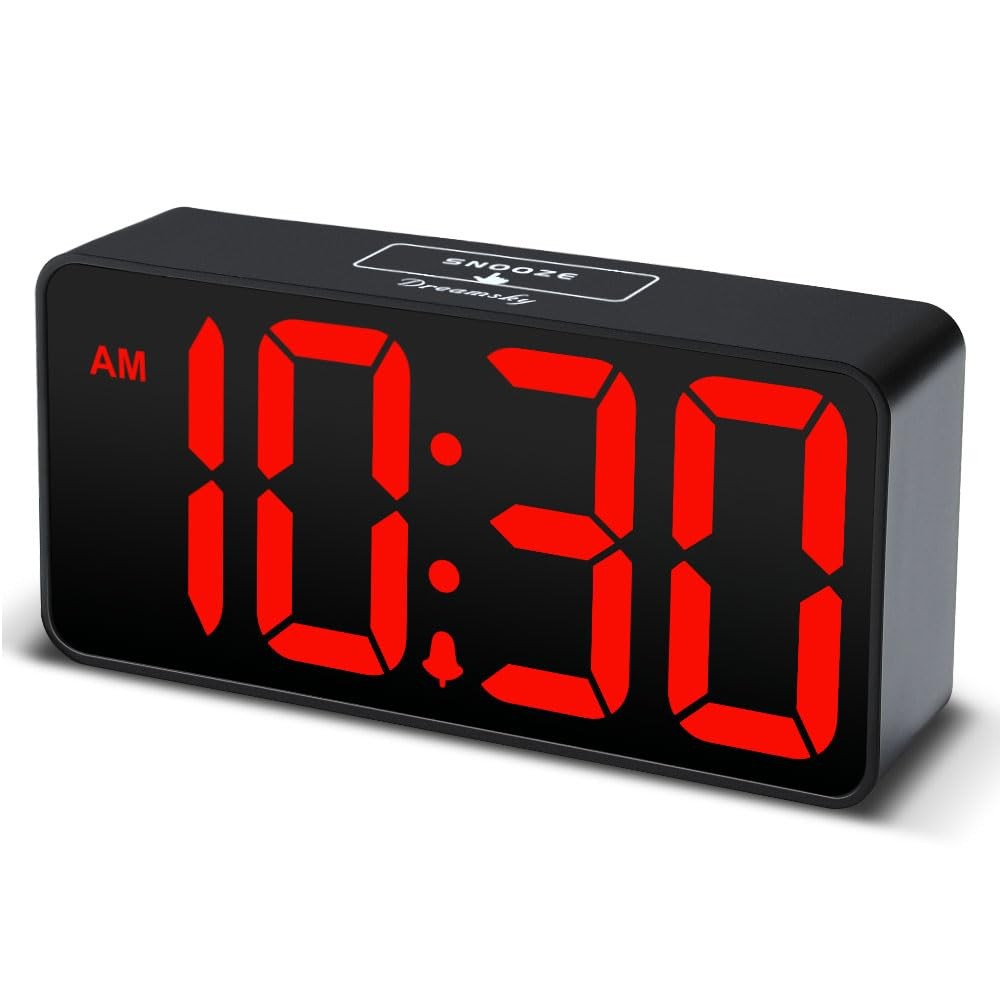 DreamSky Small Digital Alarm Clock for Bedroom, Small, Black Case Red Digits