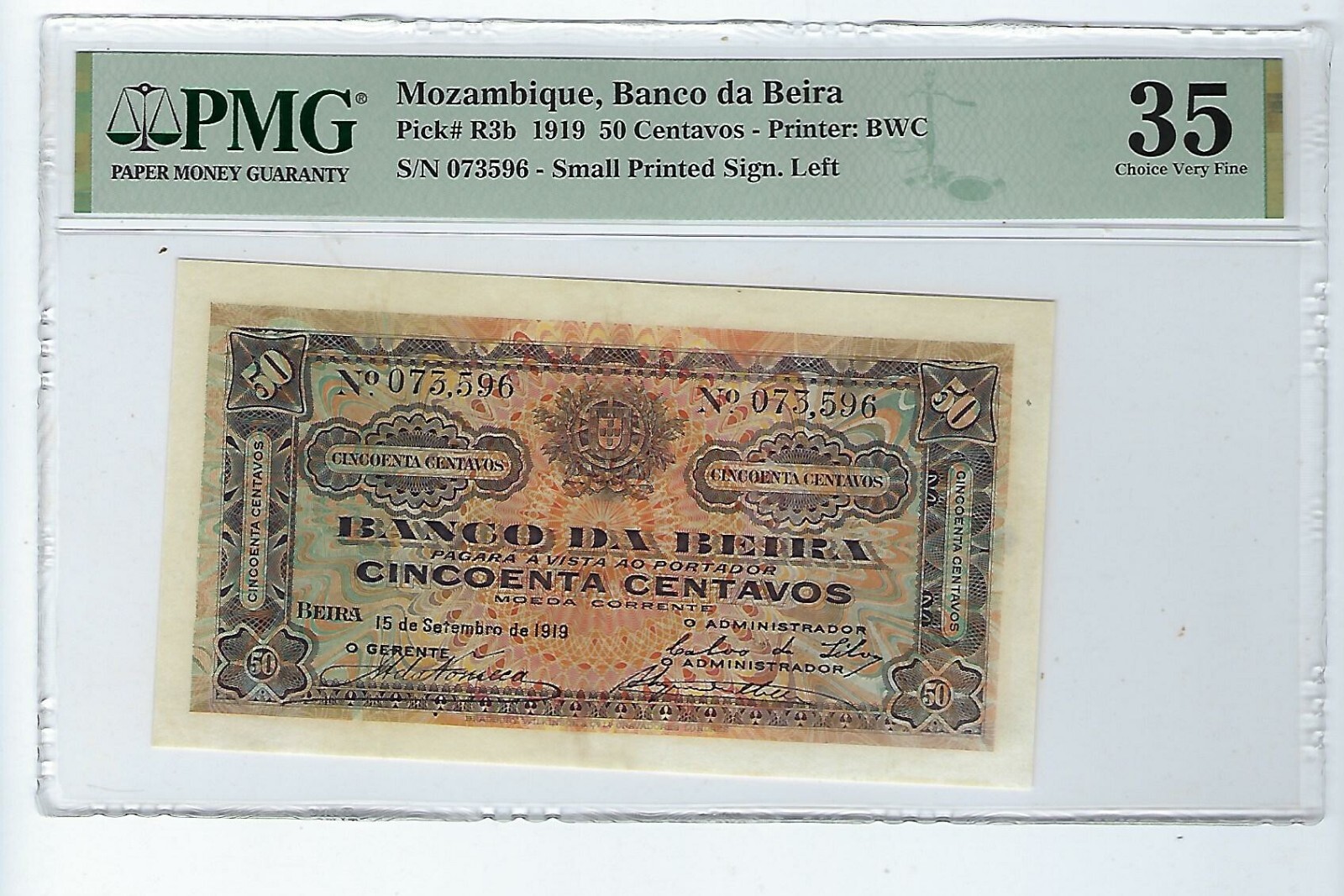 Portugal Mozambique 50 Centavos 1919 P-R3b  PMG VF 35
