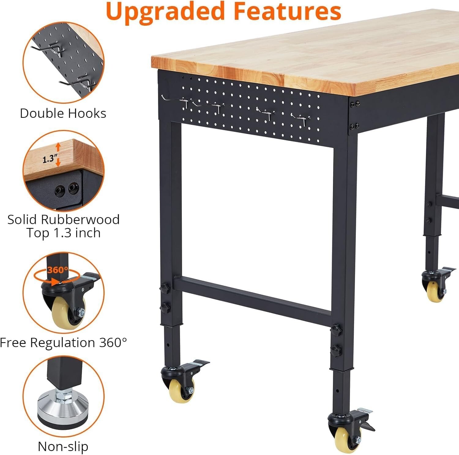 Workbench 60x 22" Worktable Work Bench Mobile Workstation w/Power Outlets Wheels
