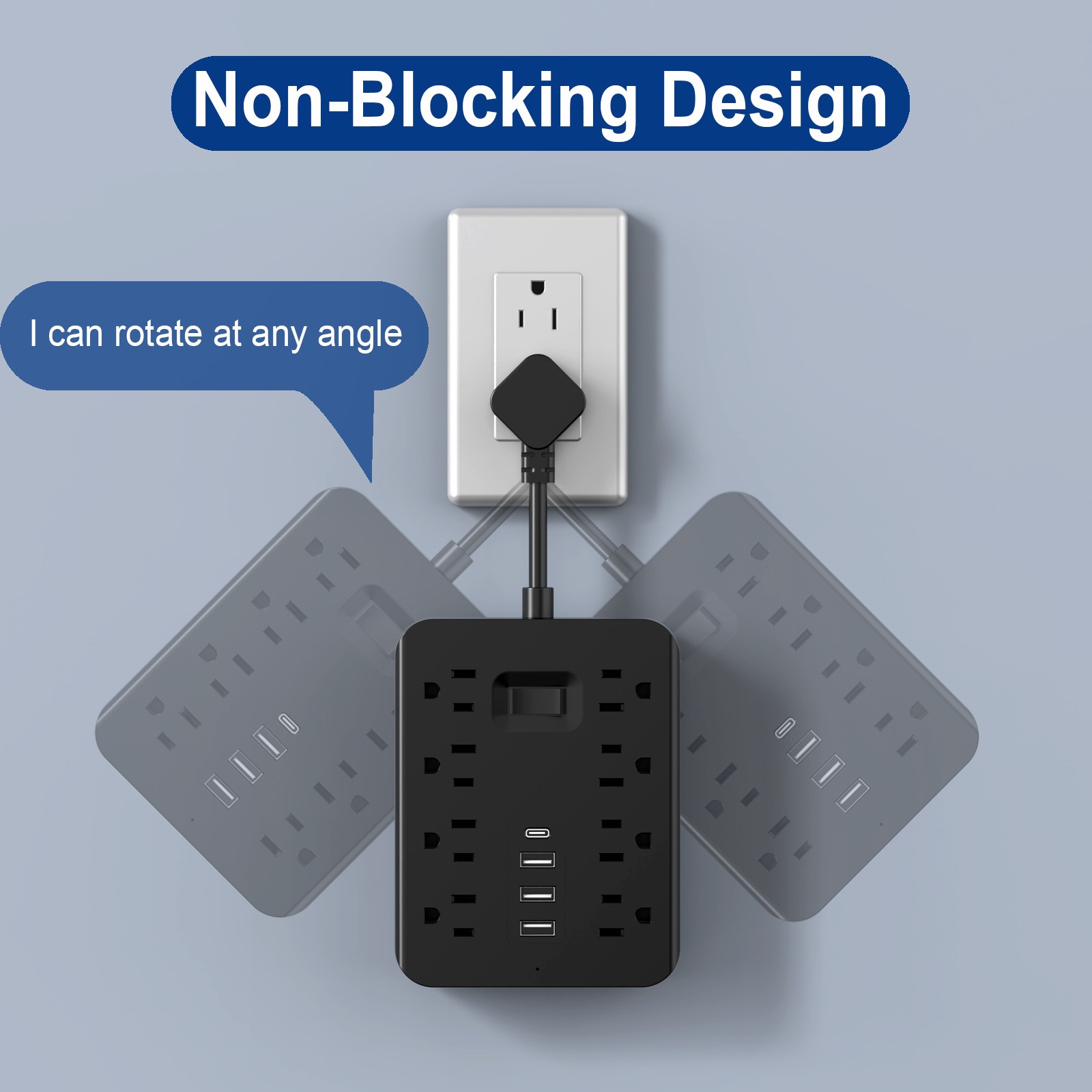 US Surge Protector Power Strip 8 AC Outlets USB Ports Type C Plug Wall Mountable