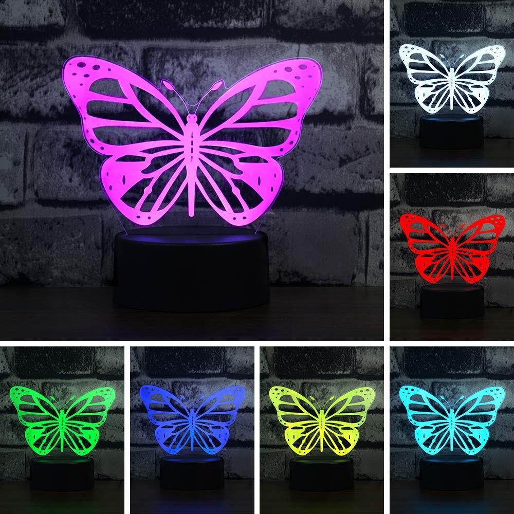 Butterfly 3D Night Light Illusion Lamp Touch Remote 7Color Auto Change USB Cable