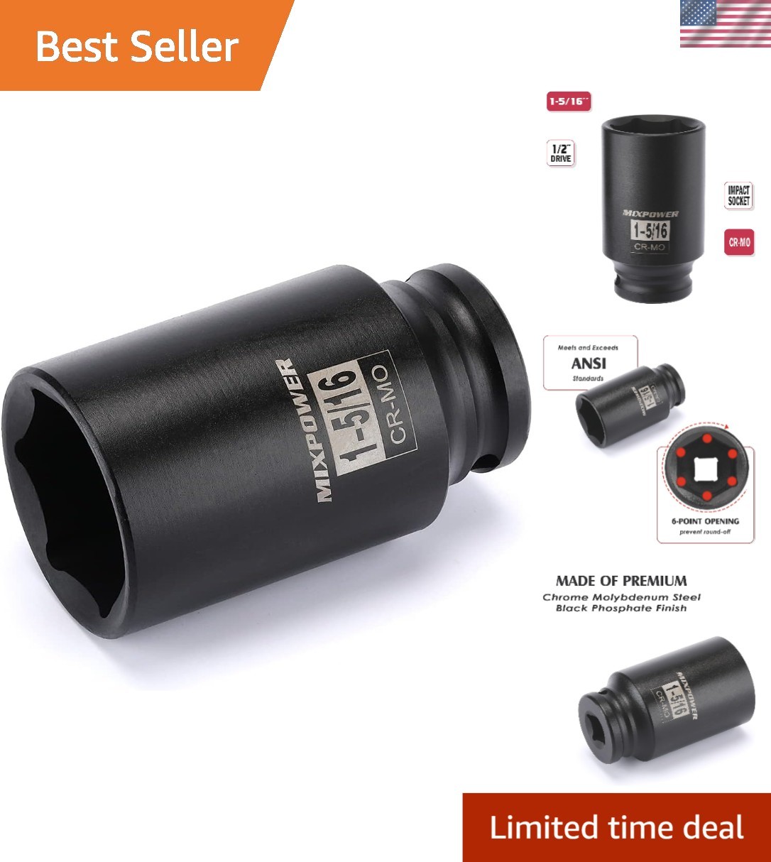 High-Torque 1/2" Drive 6-Point Impact Socket - 1-5/16" Chrome Molybdenum Steel