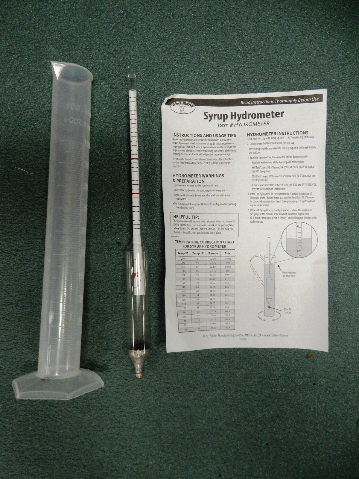 Maple Syrup Hydrometer w/ Brix & Baume Scales Including Graduated Cylinder