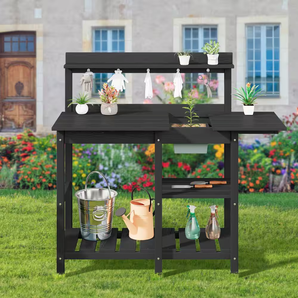 40.94 In. W X 47.24 In. H Black HDPE Weather-Resistant Garden Potting Bench Tabl