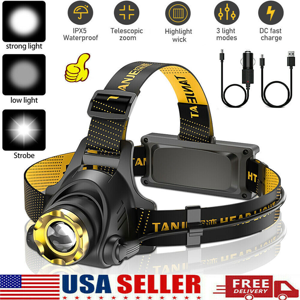 2 Pack High Power Headlamp 3-Modes Rechargeable Zoomable Headlight Flashlight