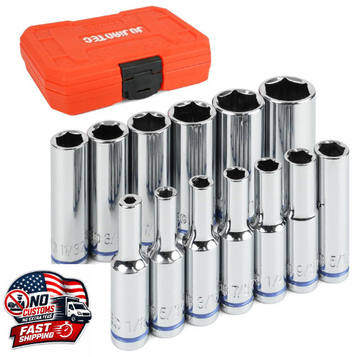 1/4" Drive SAE Deep Socket Set 13PC 1/8-5/8" 6 Point CR-V Hex Sockets Case USA