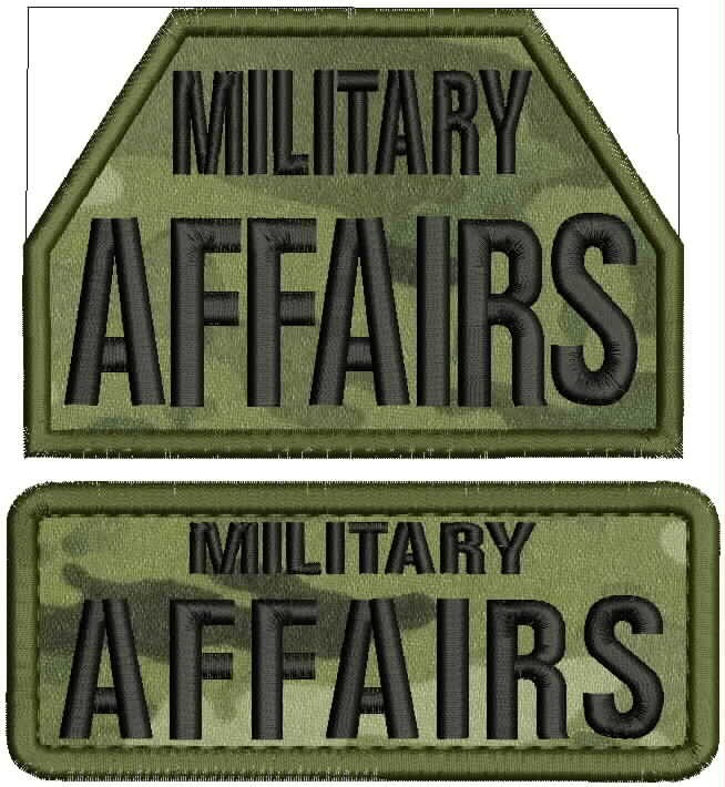 M AFFAIRS EMBROIDERY PATCH 3x4.75 and 2x5 HOOK ON BACK  Black On Multicam