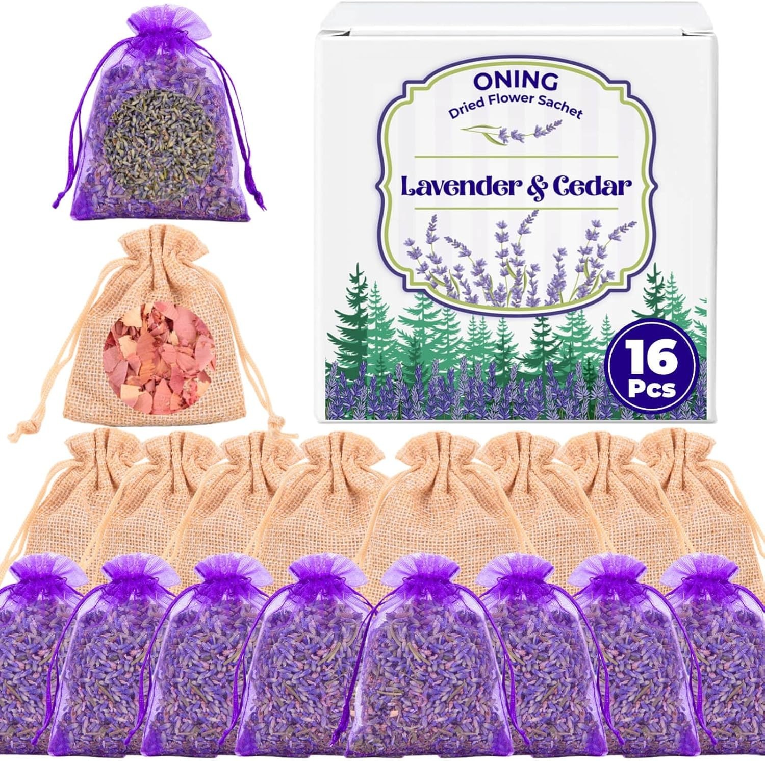 16 Pack Lavender Sachet Bags & Cedar Chips Set - 100% Natural Premium Dried Lave