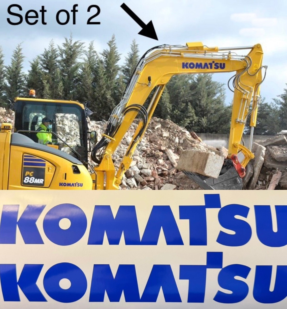 Komatsu Excavator Boom Replacement Decals Sticker Blue - Set of 2 - 24"-60"
