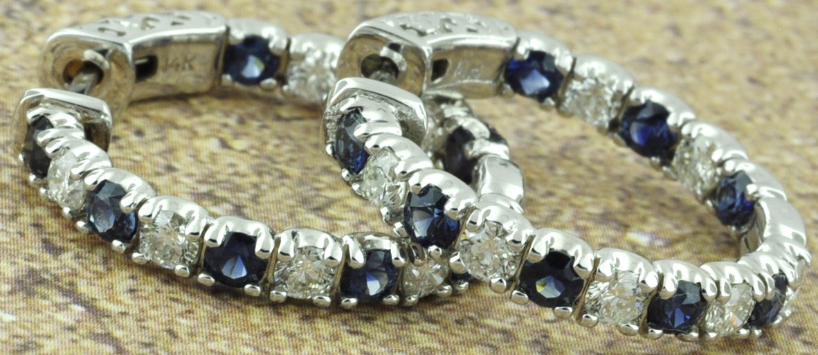 14k Solid White Gold Natural Diamond Blue Sapphire Hoop Earring 3.65ct snap lock