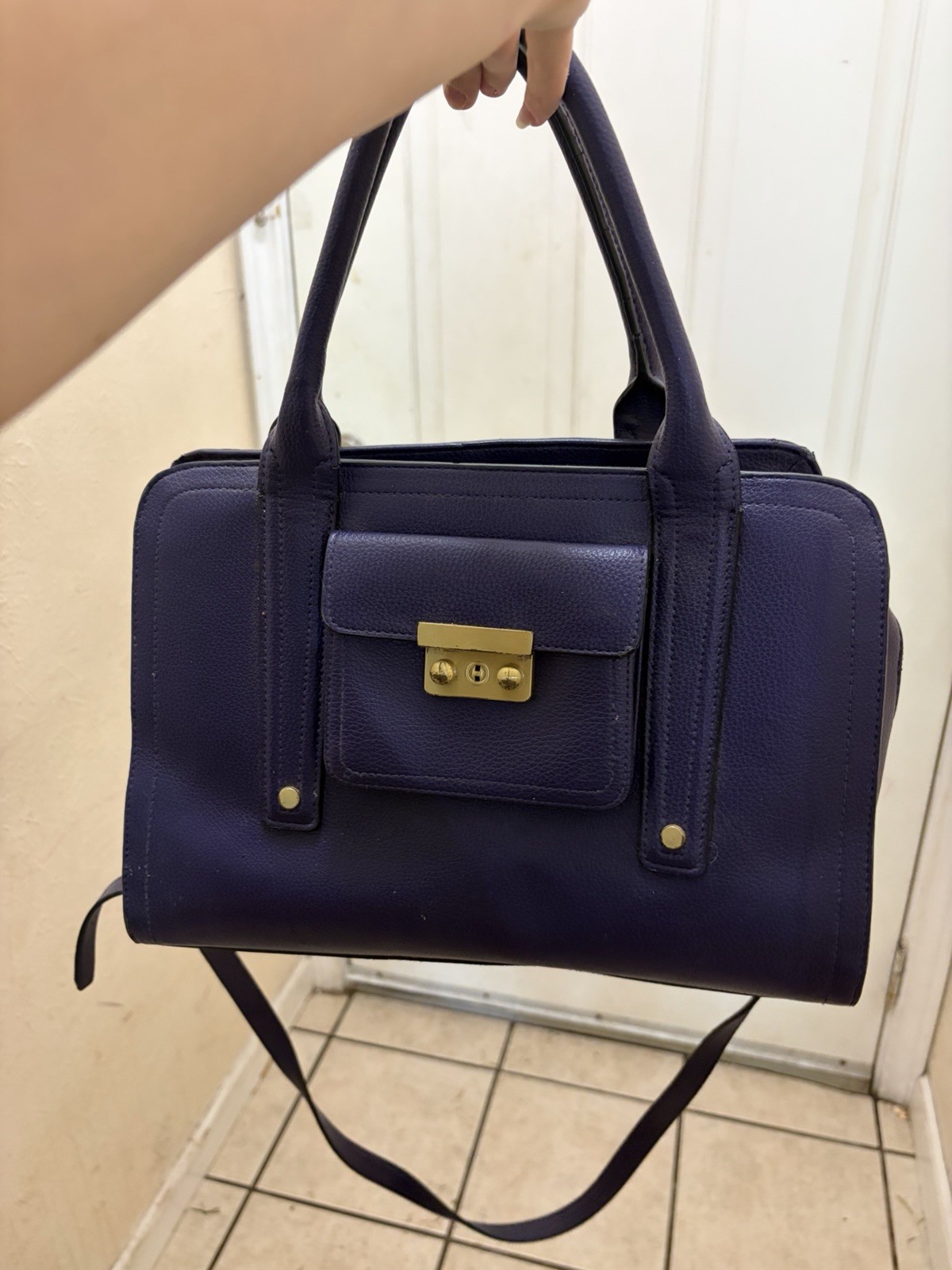 3.1 Phillip Lim Purple Satchel Top Handle Bag Gold Hardware Buckle Strap Accent