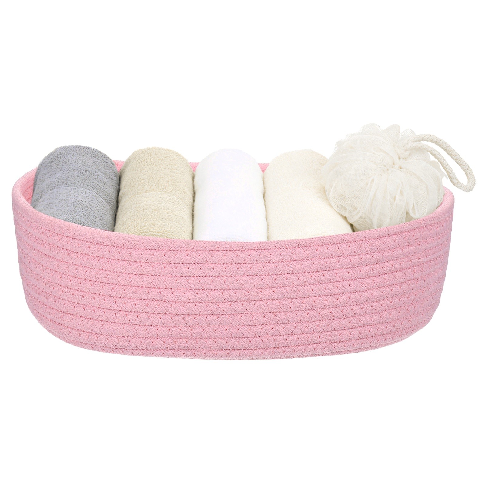 Pink Small Cotton Rope Woven Storage Basket Oval 11.8x3.2"