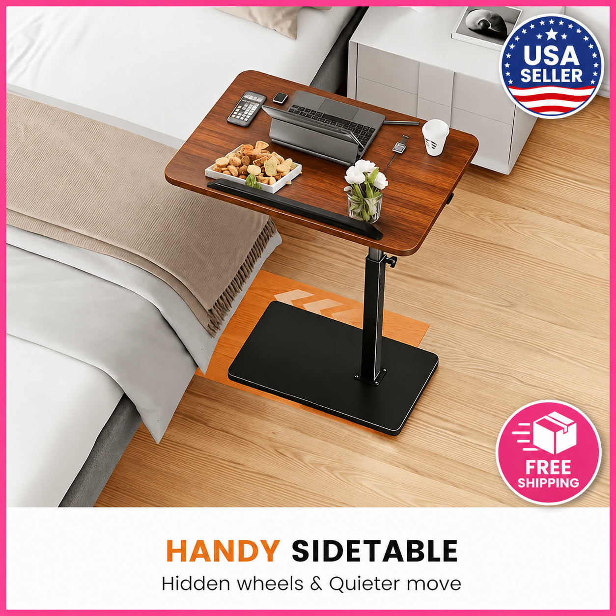 Adjustable Overbed Table Swivel Laptop Desk Small Sofa Side End Tray
