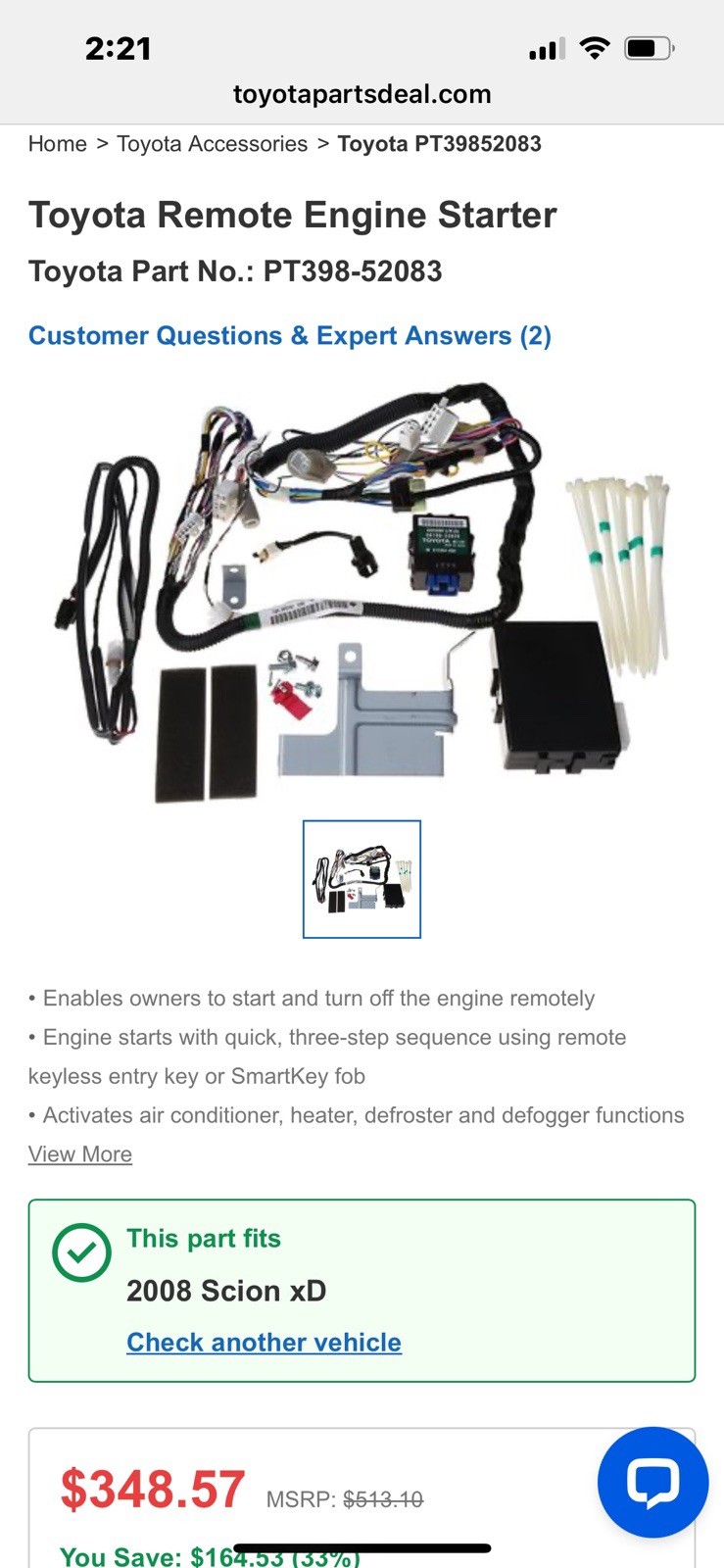 Remote Vehicle Starter Kit-Engine Start - Hood Switch SCION OEM ACCESSORIES