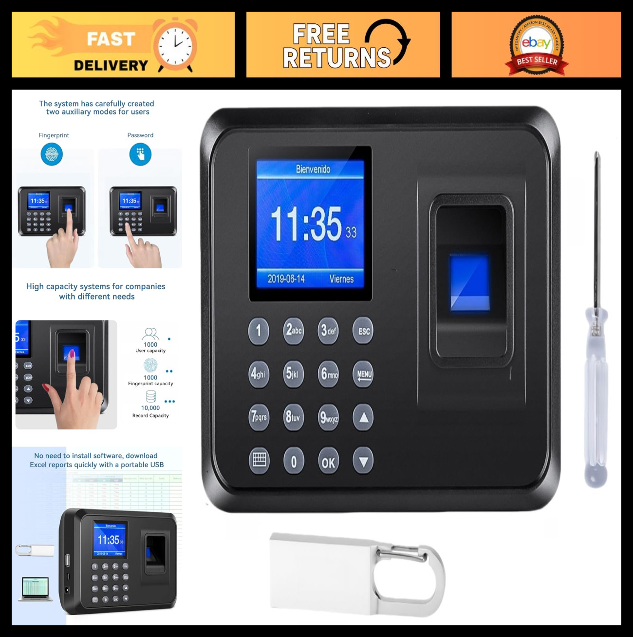 Employee Time Clock Attendance Machine with Fingerprint & Password Punching