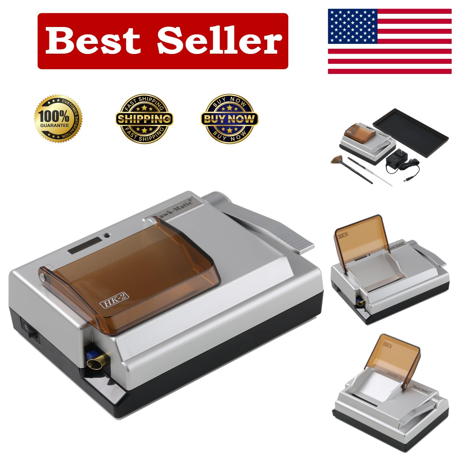HawkMatic HK2 Silver Cigarette Rolling Machine - Large Hopper for 15 Cigarettes